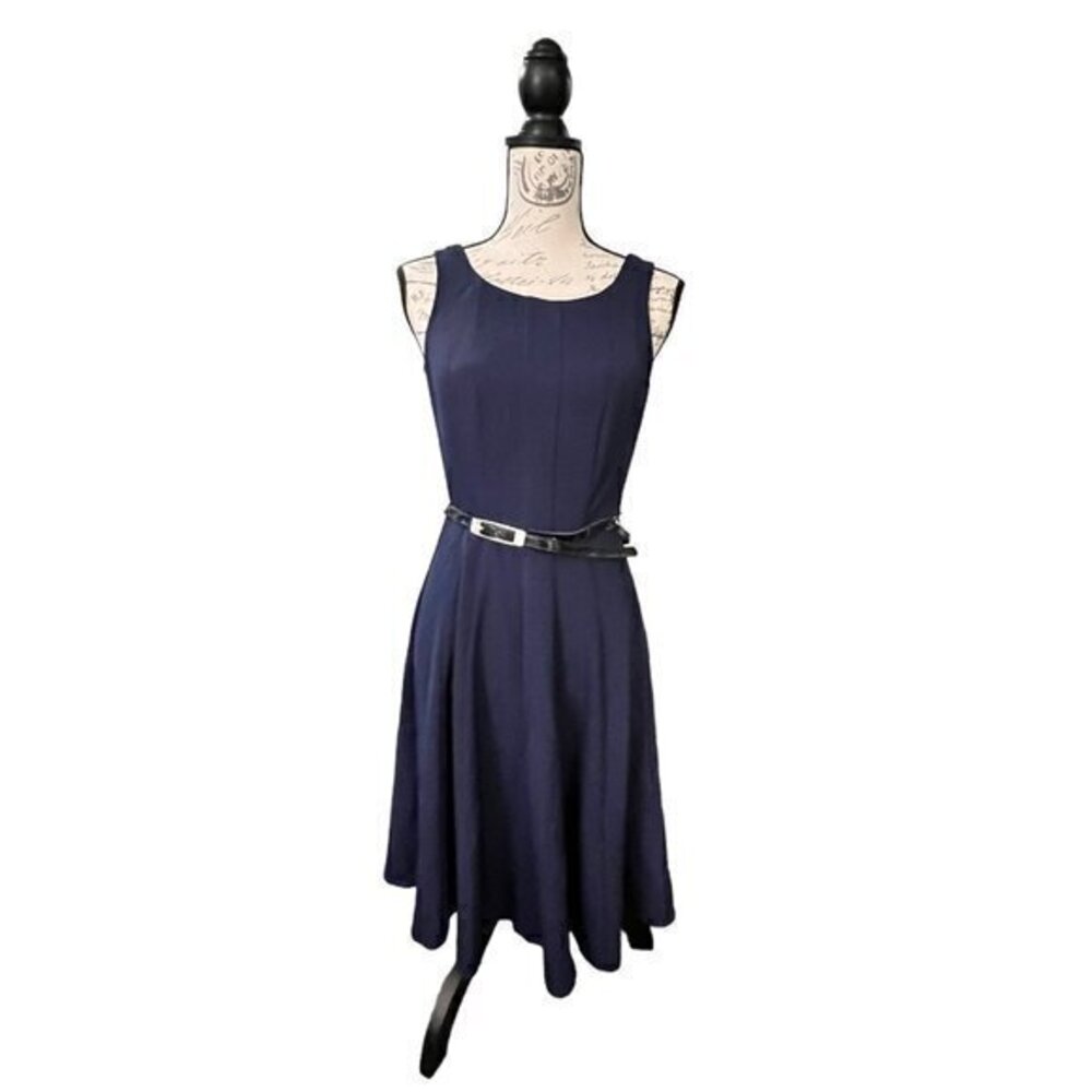 NY&C Womens Fit & Flare Dress Size 4 Sleeveless Belted Lined Full Skirt Blue EUC - Picture 2 of 15